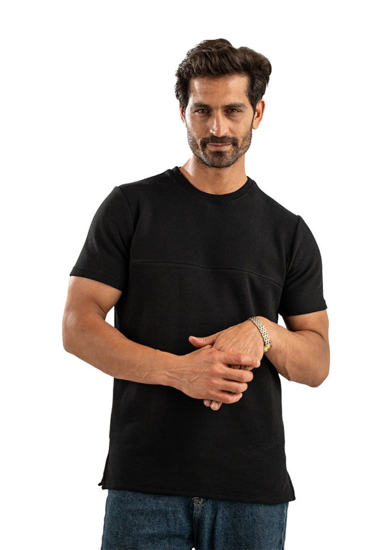 BLACK JACQUARD COTTON T-SHIRT